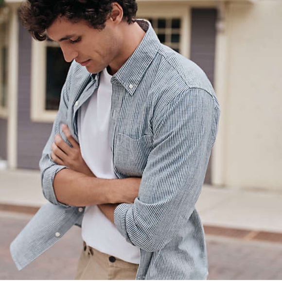 LINEN LANDS END Blue White Stripe Men’s Long Sleeve Button Up Vacation SZ XL EUC - Picture 1 of 13